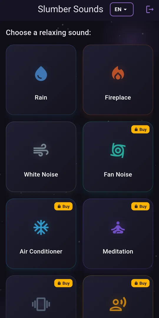 Slumber Sounds home: tiles for rain, fireplace, white noise, fan noise, air conditioner and meditation