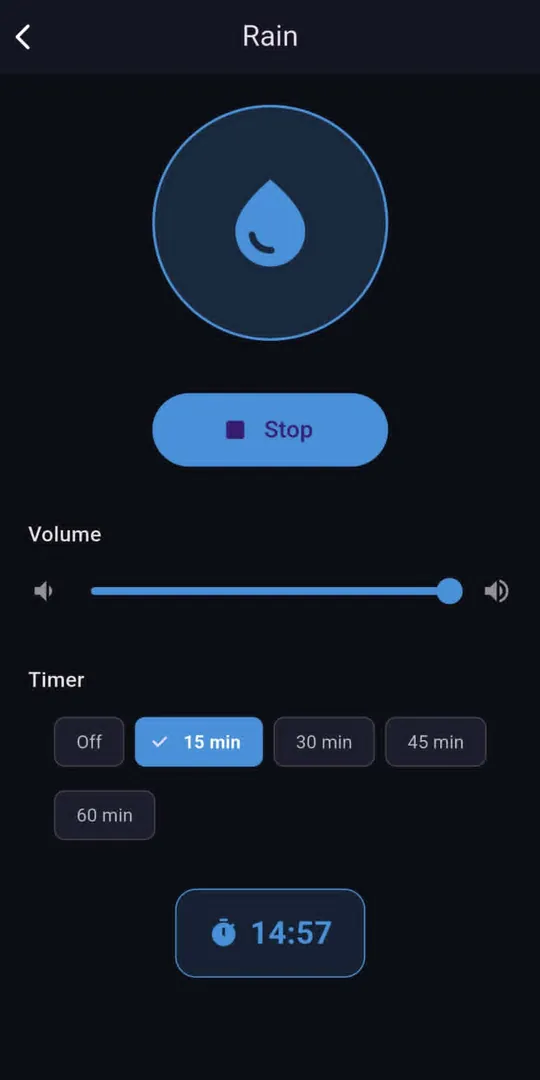 Slumber Sounds rain player with volume and a 15 minute sleep timer counting down